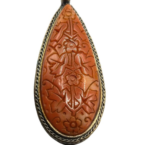 Vintage RARE Monet Faux Cinnabar Pendant Necklace Asian Revival Jade Pearl 70s - Picture 2 of 7